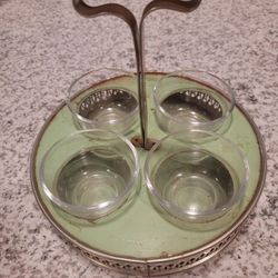 Vintage Etched Metal Condiments Glass Votives Containers Rustic Serving Tray