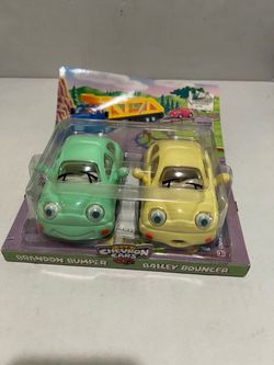 Chevron Cars featuring the characters Brandon Bumper (in green) and Bailey Bouncer (in yellow).Product