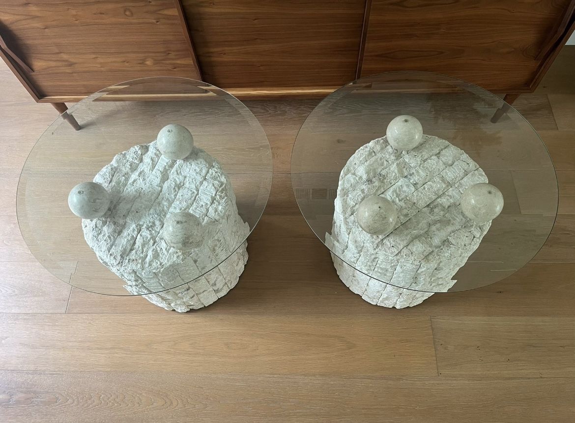 PRICE DROP Pair of 1980s Travertine Mactan Stone Side Tables / End Tables / Nightstands