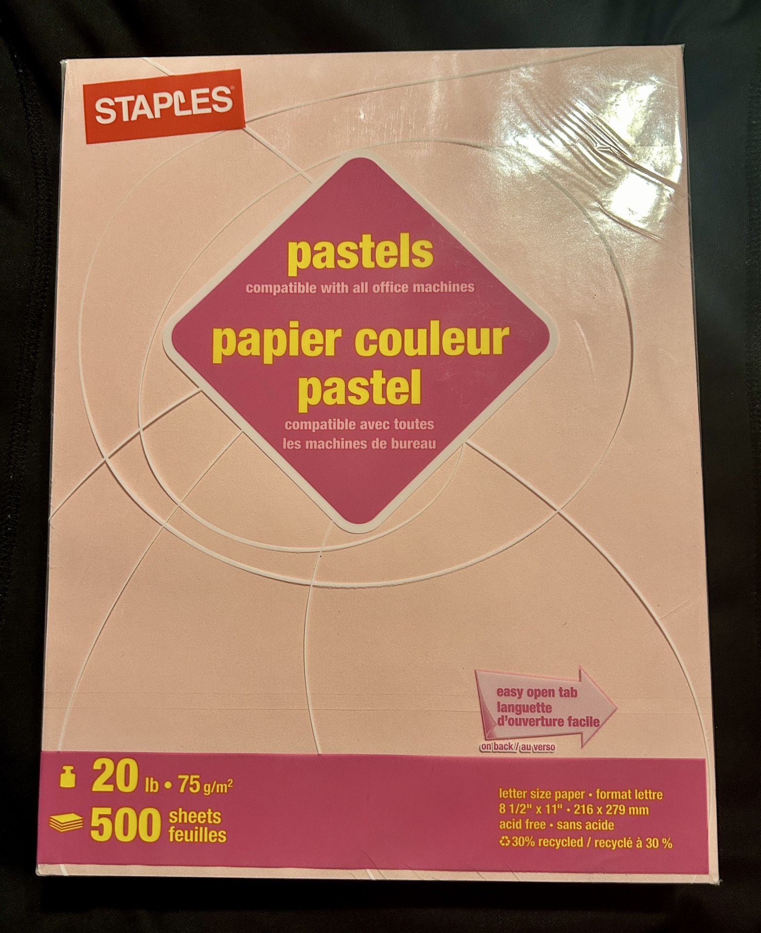 Staples 20lb Pastel Pink Multipurpose Printer / Copy Letter Size Recycled Paper Paper