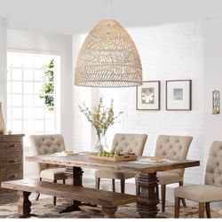 Rattan Pendant Light Fixture, Wicker Chandelier Boho Basket Dining Ceiling Lighting, Large Natural Woven Hanging Lamp for Kitchen Island 