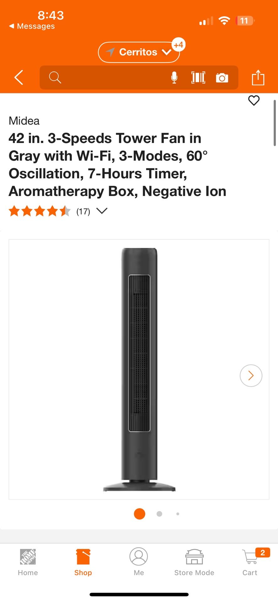 Midea 42 in. 3-Speeds Tower Fan in Gray with Wi-Fi, 3-Modes, 60° Oscillation, 7-Hours Timer, Aromatherapy Box, Negative Ion