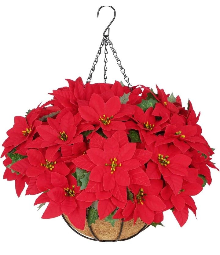 BLEUM CADE Artificial Christmas Flowers Hanging Poinsettias with Basket for Outdoors, Artificial Hanging Red Poinsettias for Xmas