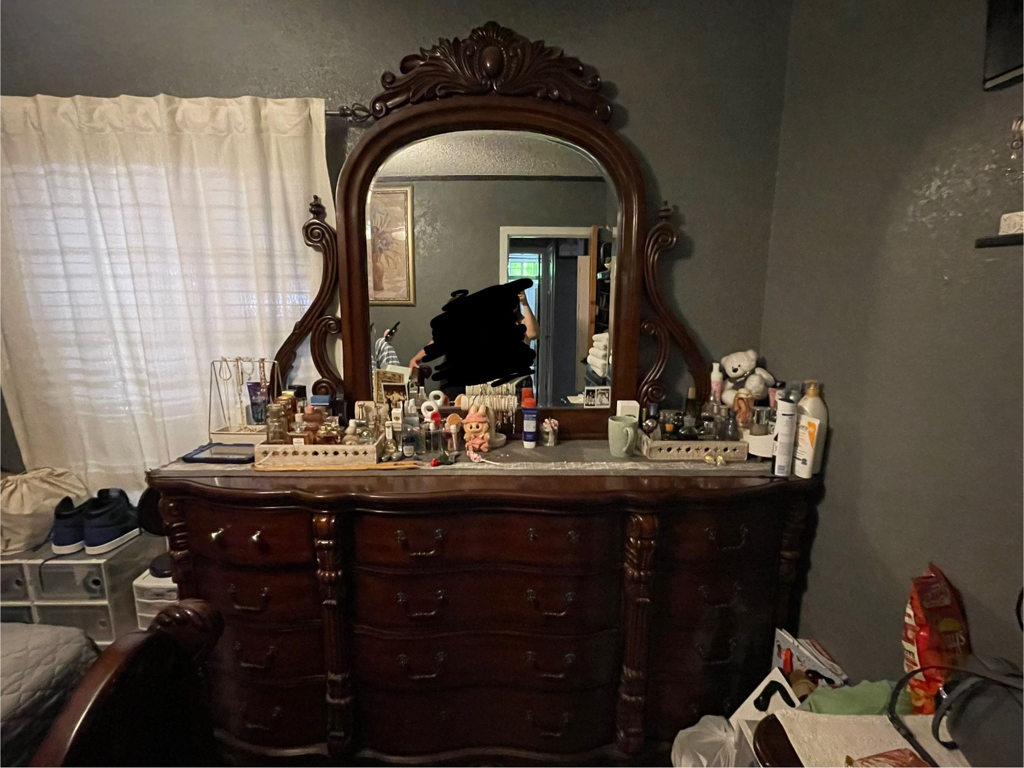 Queen Bed Frame with Mirrored Dresser & 2 Nightstands