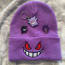 Gengar Pokemon Bundle Purple Beanie Keychain And 2 Pins