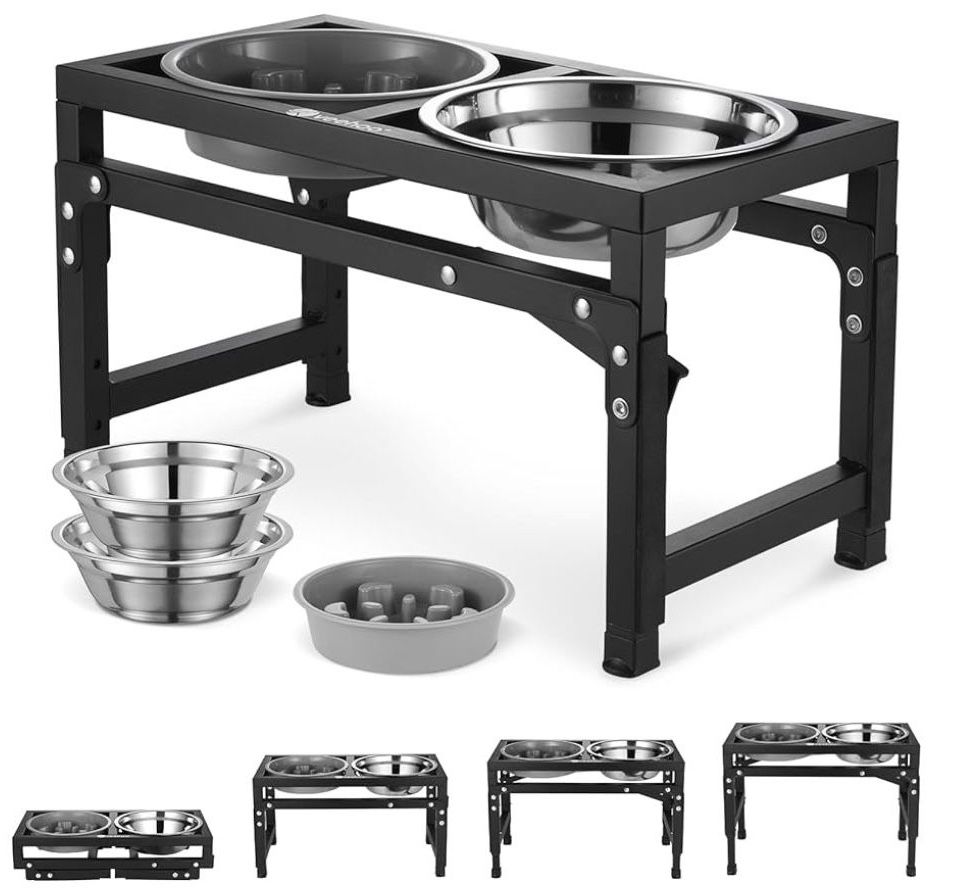 Veehoo Elevated Dog Bowls, Metal Raised Dog Bowl Stand with Slow Feeder & 2 Stainless Steel Food Water Bowl, Non-Slip Dog Dish Adjusts to 3.7", 9", 11