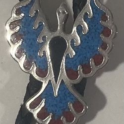 Vintage Bolo Tie Silver And Blue And Red Crushed Turquoise Eagle