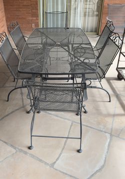 Wrought Iron Mesh Patio Dining Set, Rectangular Table and 7 Chairs
