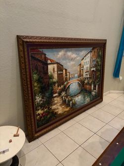 Large Framed Venice Canal Oil Painting