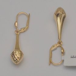 14K Yellow Gold Diamond Cut Dangle Tear-drop Earrings 1.4 Inches