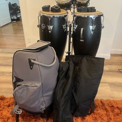 New, Never Used LP Classic II Ash Wood Pair, LP Classic II Bongos With Stands And Stand Bag, With Conga Bags  
