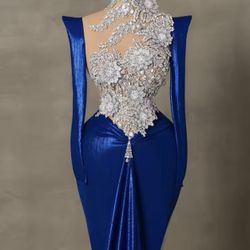 Newest Royal Blue Prom Dresses With Crystals High Neck Dubai Evening Gowns Grand Party Dresses Formal
