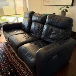 3 seater blue leather reclining couch 