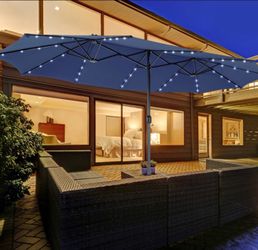 48 Solar LED Lights 15 Feet Twin Patio Umbrella with base