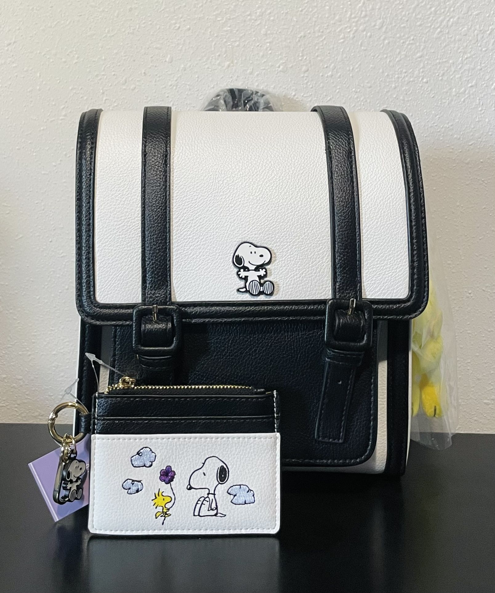 Peanuts Snoopy Black & White Mini Backpack With Woodstock Plush Charm and Wallet