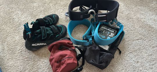 Scarpa Reflex Climbing Shoes, Black Diamond Harness & chalk bag