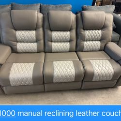 Manual Leather Gray And Light Gray Recliner Couch