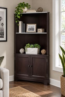 New Real Wood Dark Walnut Corner Bookcase