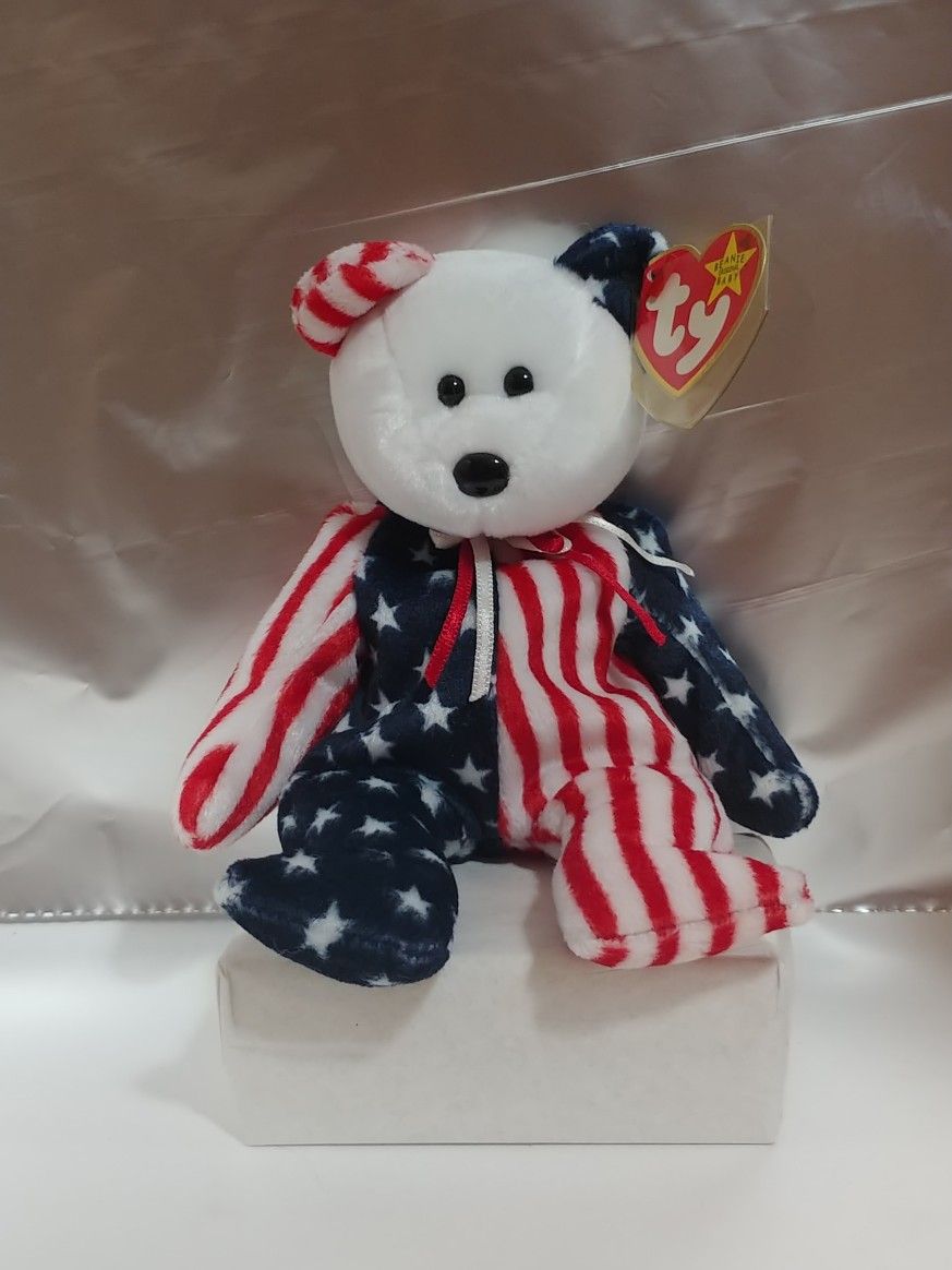 Spangle the Bear, white face TY Beanie Baby, Independence Day/4th of July, 1999