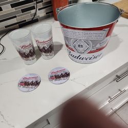 Budwiser Ice Bucket Two Glasses Two Coasters
