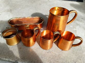 Vintage copper pitcher, mugs, cauldron, etc.