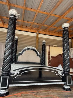 King size bed frame mattress, and boxspring, black, and silver King size bed frame mattress, and boxspring, black, and silver