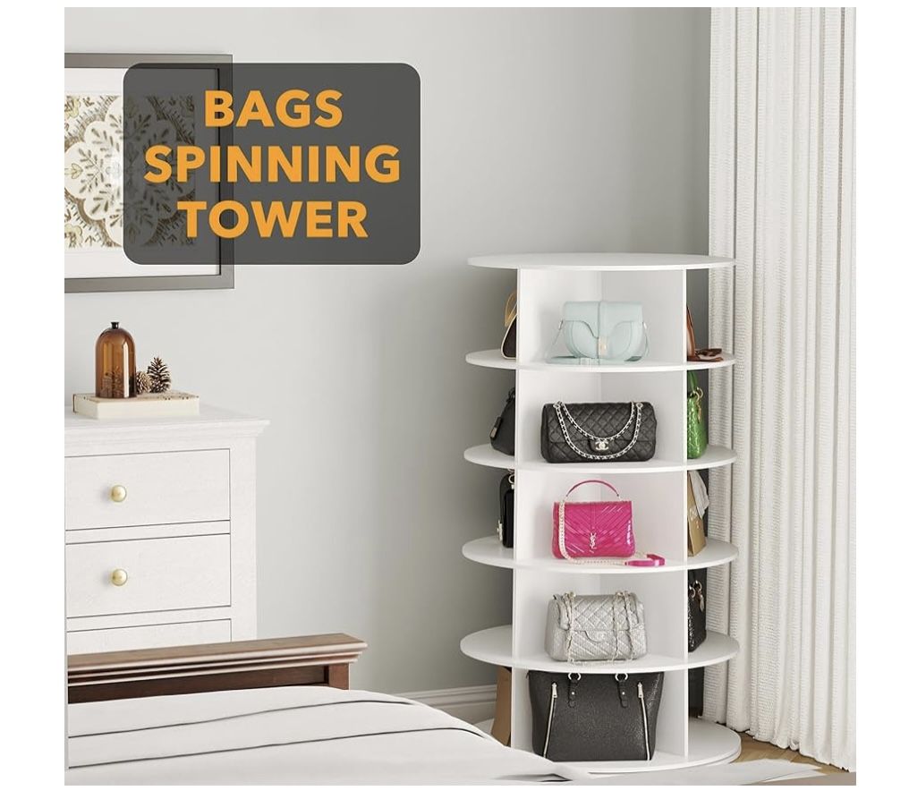 5 Tier Rotating Shoe Rack Tower, Spinning Shoe Display Lazy Susan, Revolving 360 Bookshelf Storage Round Carousel Vertical Handbag Rotate Shoes Close