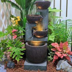 SERBILHOME 4 Tiered Bowls Water Fountain Outdoor 35.8”Floor Fountain with Led Lights Waterfall Fountain for Patio, Deck, Porch, Home Art Decor, and Ba