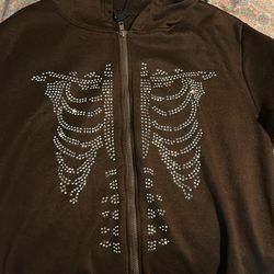 Brown Rhinestone Skeleton Zip-Up Jacket Size XL 