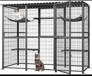 New Outdoor Catio with Roof Metal Large Cat Enclosure with 5 Jumping Platforms and 2 Hammocks Cat Cage Enclosure for Cat Activity (Grey)