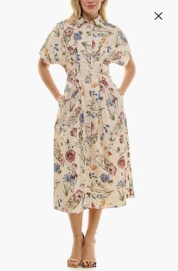NICOLE MILLER Pin Tuck Waist Botanical Cotton Midi Dress