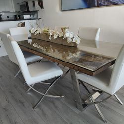 Dining table 6 leather chairs fits 8-10