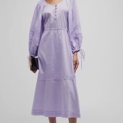 Harshman Women's Purple Belle Blouson-Sleeve Lace-Trim MIDI Dress SZ L, NWT $304