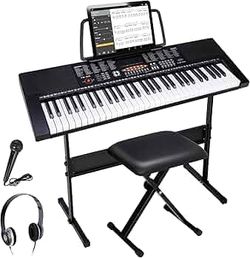 61-Key Portable Electric Keyboard Piano with Built In Speakers, LED Screen, Headphones, Microphone, Piano Stand, Music Sheet Stand and Stool