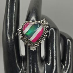 Solid 925 Sterling Silver Aurora Opal White Pink Glass Heart Ring Size 9