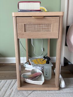 Wood and Rattan Nightstand with Drawer