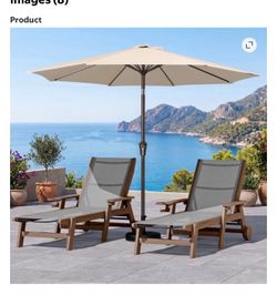 New in Box SERWALL Textilene Patio Chaise Lounge Chair Set of 2 with 9FT Umbrella and base brown, 094-016