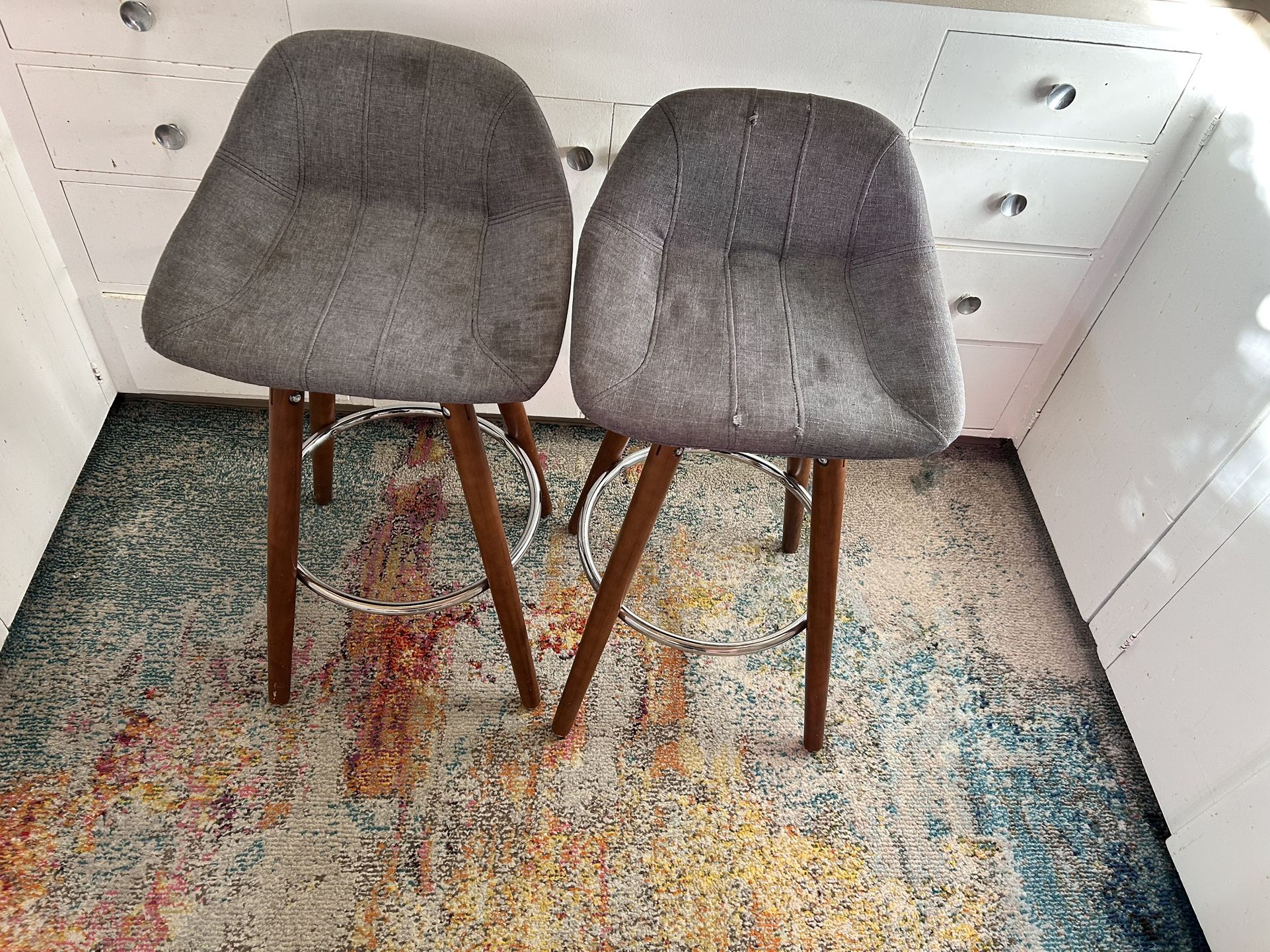 Counter height stools walnut legs. Seats do Need cleaning or reupholstered. Price is Each