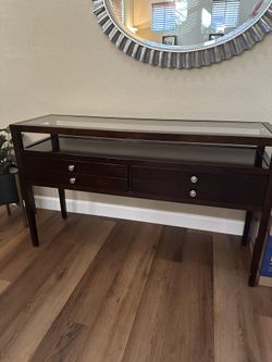 Elegant Glass-Top Console Table – Modern Espresso Finish with Drawers