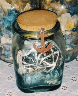 BLUE GLASS JAR CONTAINER NAUTICAL ANCHOR CORK TOP WOOD ORB ACCENT TABLE DECOR