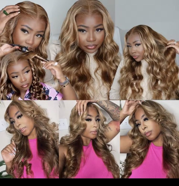 Golden Brown With Ligh Blond Highlights Wig Front Lacy