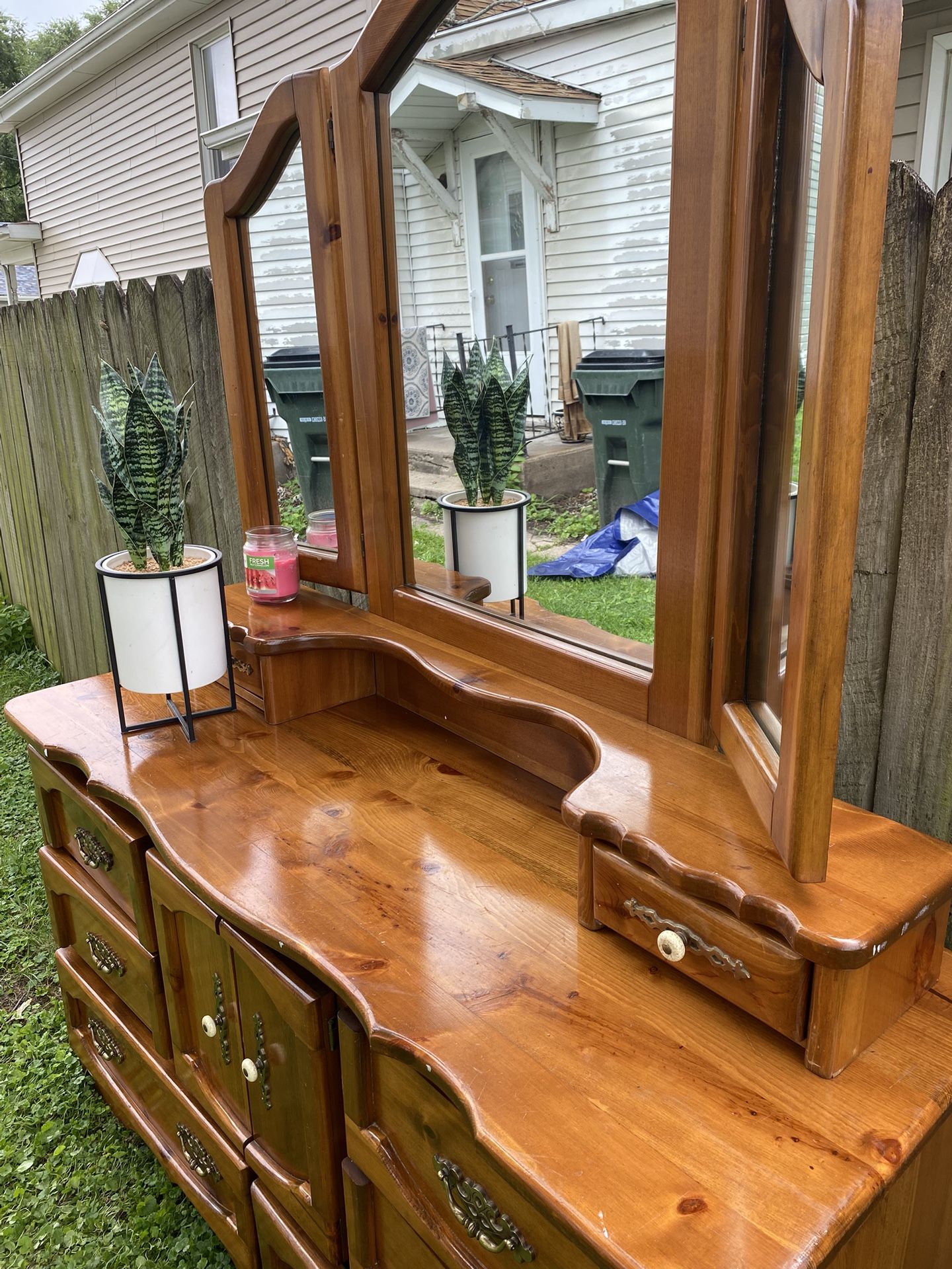 Solid Wood Dresser with Tri-Fold Mirror - Great Condition