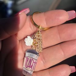 Teacher Coffee Tumbler Keychain ☆ Blossom White Charm Goldtone Keyholder