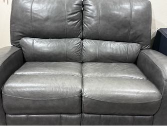 2-Pc Set: Grey Leather Power Reclining Sofa & Loveseat – Dual Power + USB