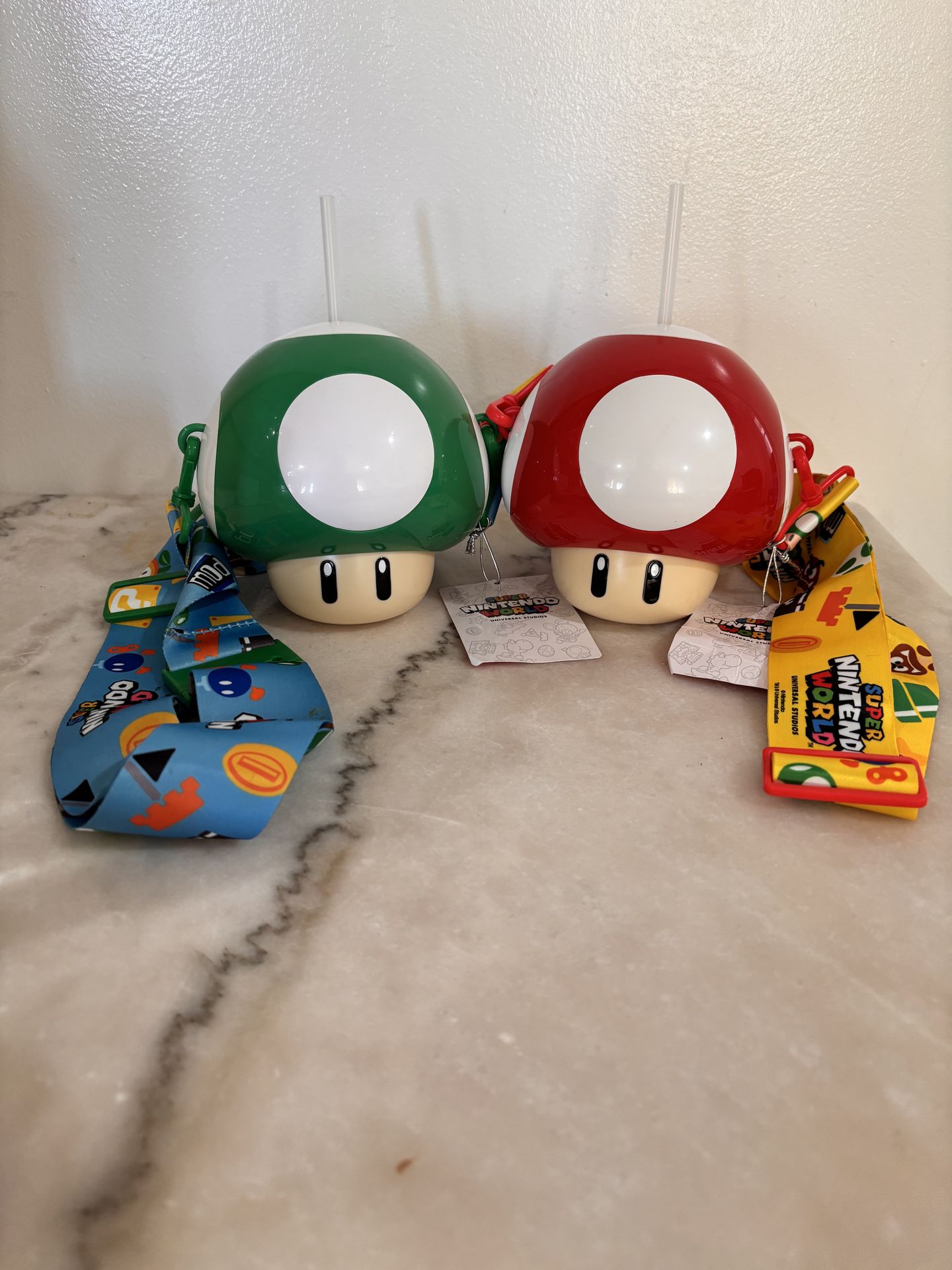 Universal Studios Mario Bros mushrooms drinking cups with strap