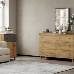 TV Stand with 6 Drawers for 55 Inches TVs & 1 Tall End Table with Drawer and Door for Bedroom, 2 Pieces Modern Wood Living Room Funiture Table Sets, O