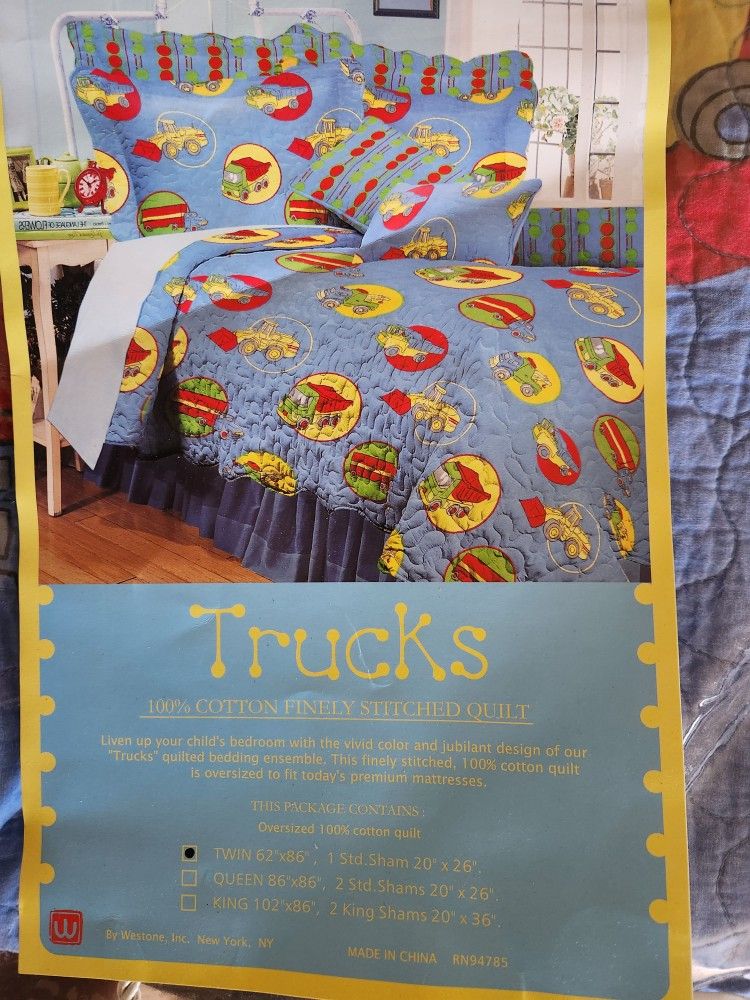 Twin Bed Quilt. Colorful Trucks. 100% Cotton
