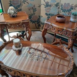 Antique Hand Carved Wood Tables With Carved Flowers In The Center   