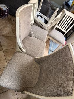 White Wood Dining Chairs with Gray Upholstery