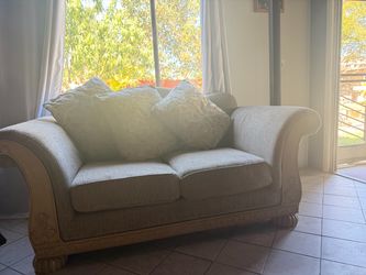 Traditional Carved Wood Frame Sofa with Throw Pillows
